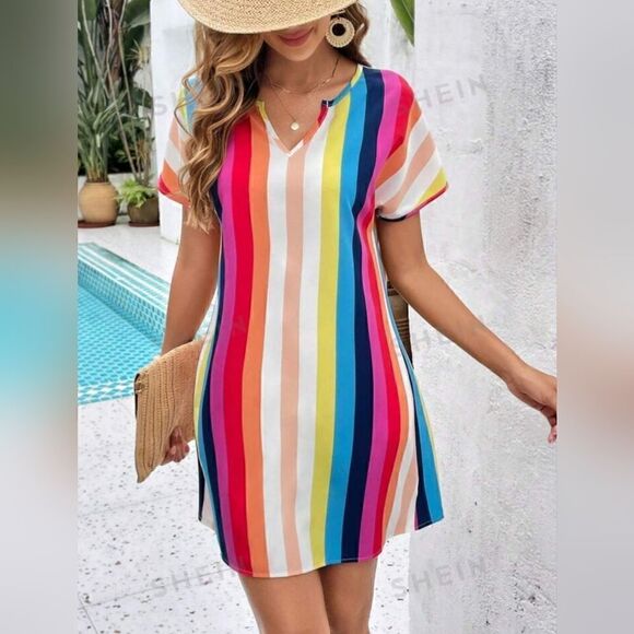 Shein Vcay Rainbow Striped Dress/Coverup - Picture 1 of 6